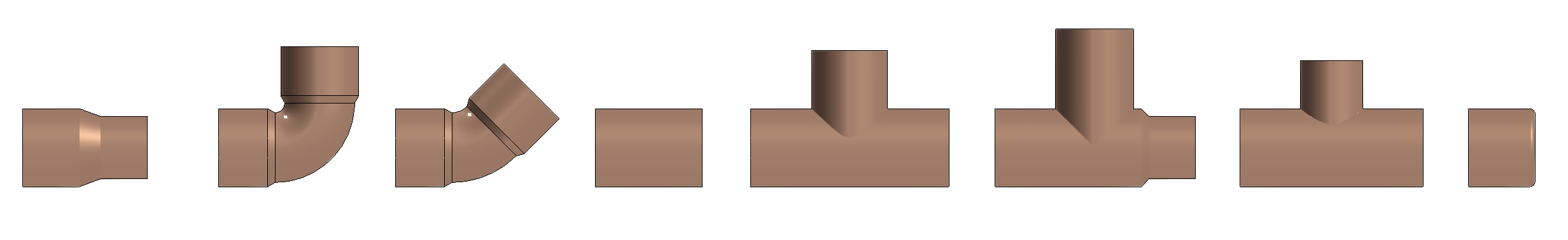 A series of rendered copper pipe fittings in a row representing different types: straight couplings, bends (elbows), tees, and reducers. 